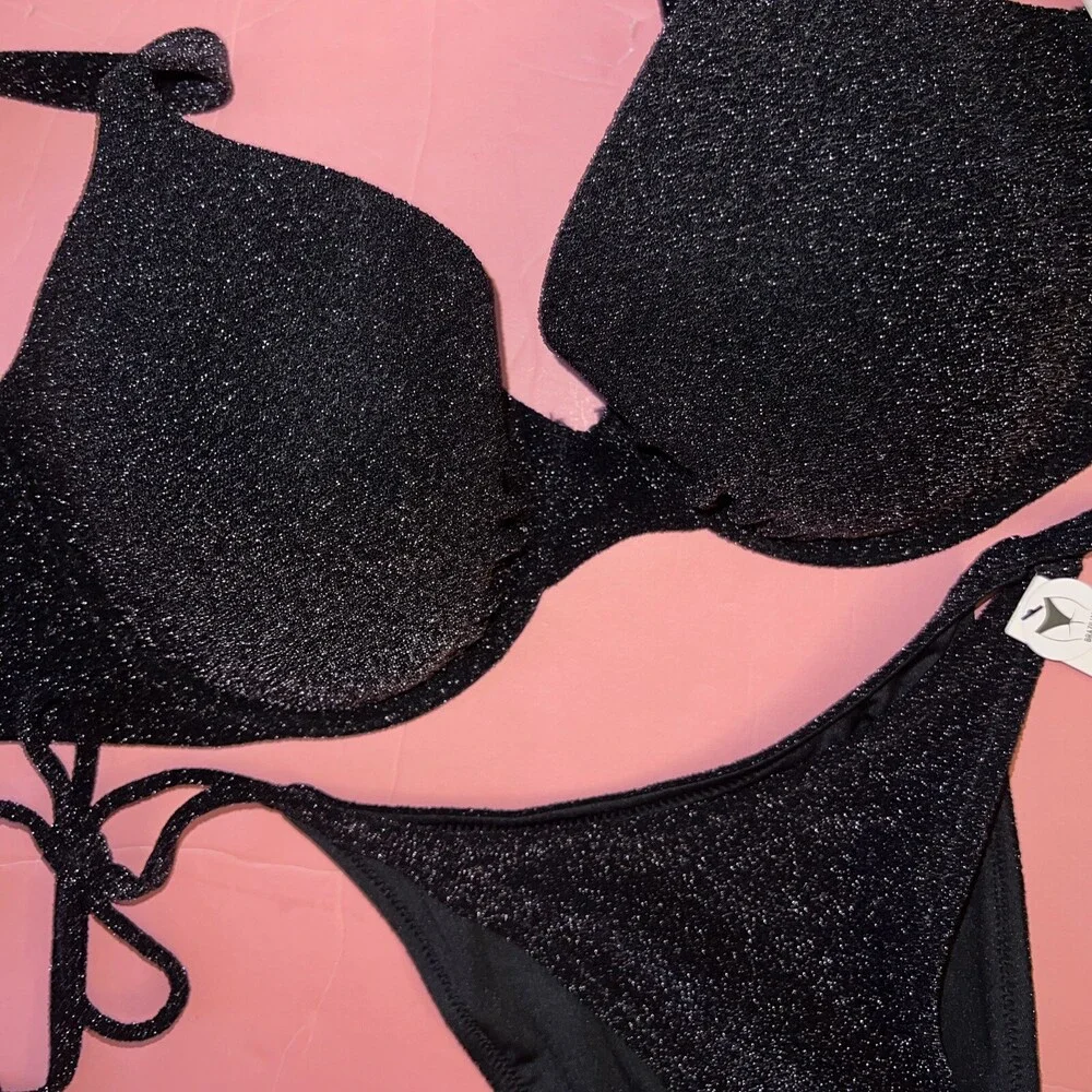 Victoria's Secret 34DD BIKINI M,L side-tie bottom BLACK gold brown SHIMMERY